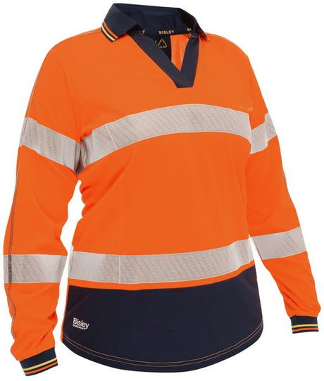 Bisley Womens Taped Two Tone Hi-Vis Polo Shirt L/Sleeve #colour_orange-navy