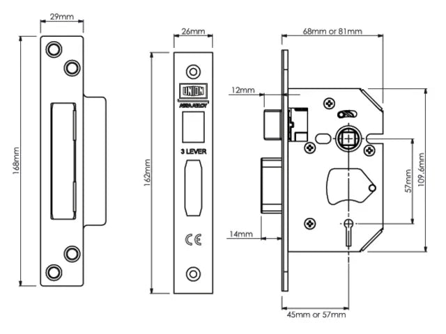 UNION StrongBOLT 2203S 3 Lever Mortice Sashlock Polished Brass 68mm 2.5in Visi