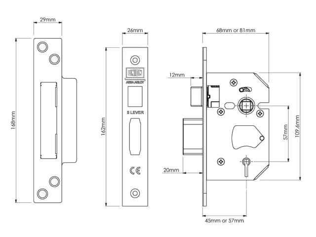 UNION StrongBOLT 2205S 5 Lever Mortice Sashlock Polished Brass 68mm 2.5in Visi