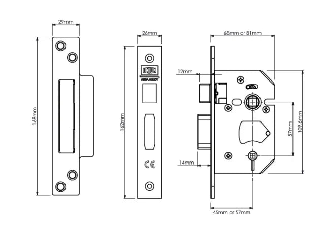 UNION StrongBOLT 22WCS Mortice Bathroom Lock Polished Brass 68mm 2.5in Visi