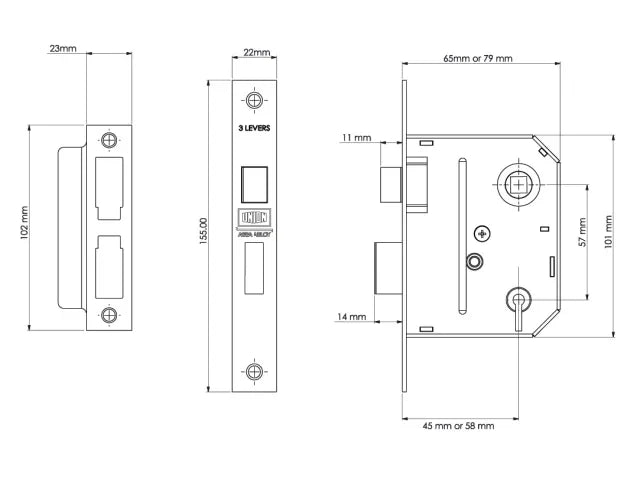 UNION ES-SL Essentials 3 Lever Mortice Sashlock Polished Brass 65mm 2.5in Visi