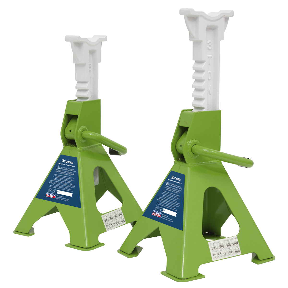Sealey Axle Stands (Pair) 3 Tonne Capacity per Stand Ratchet Type - Hi-Vis Green
