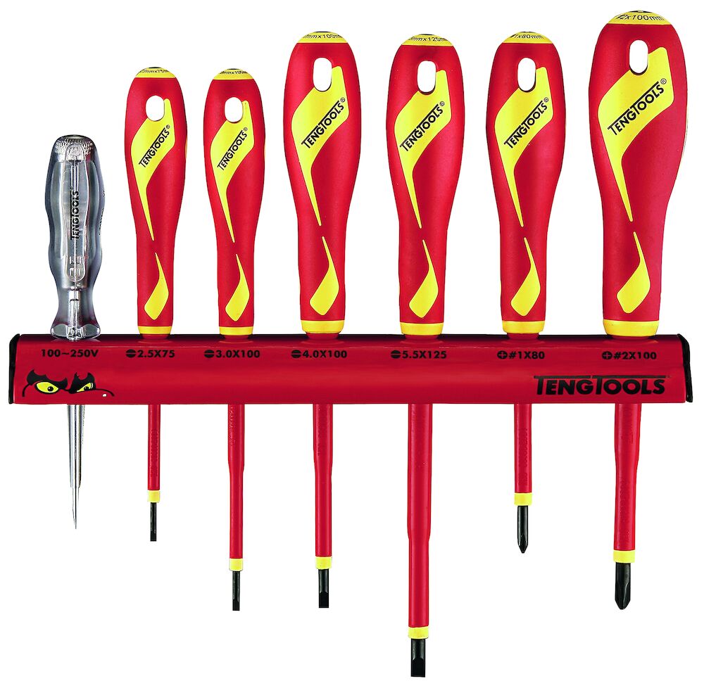 Teng Tools Insulated Screwdriver Set Flat & PH Wall Rack 7 Pieces