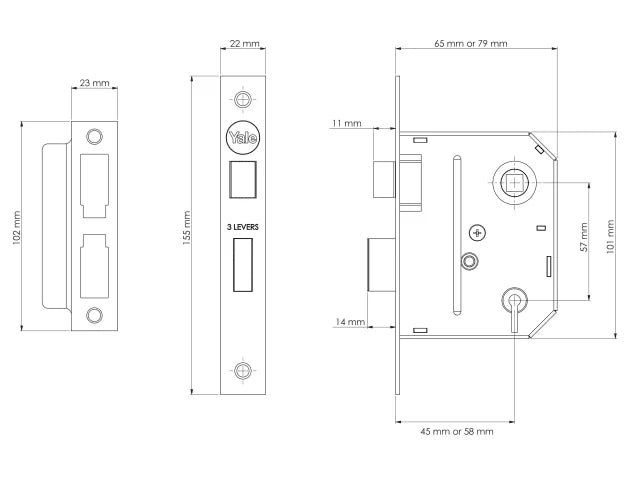 Yale Locks PM320 3 Lever Mortice Sashlock Polished Chrome 65mm 2.5in