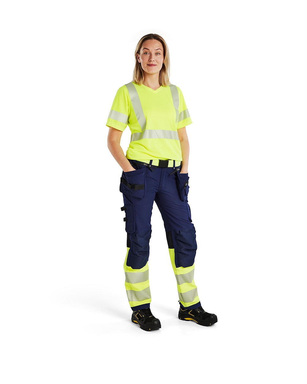 Blaklader Women's Hi-Vis 4-Way-Stretch Trousers 7193 #colour_navy-blue-hi-vis-yellow