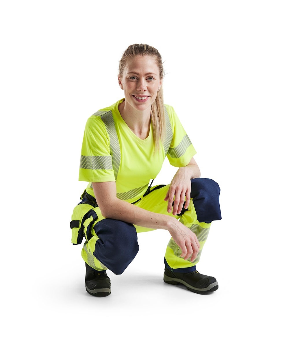 Blaklader Women's 4-Way-Stretch Hi-Vis Trousers 7197 #colour_hi-vis-yellow-navy-blue