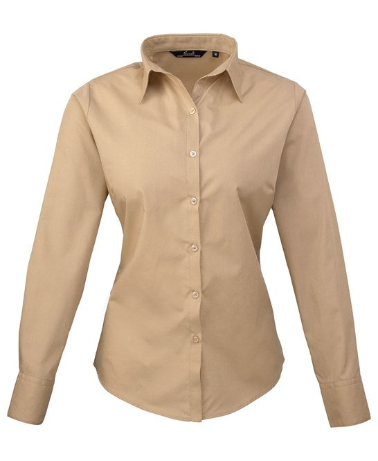 Premier Women's Poplin Long Sleeve Blouse - Khaki