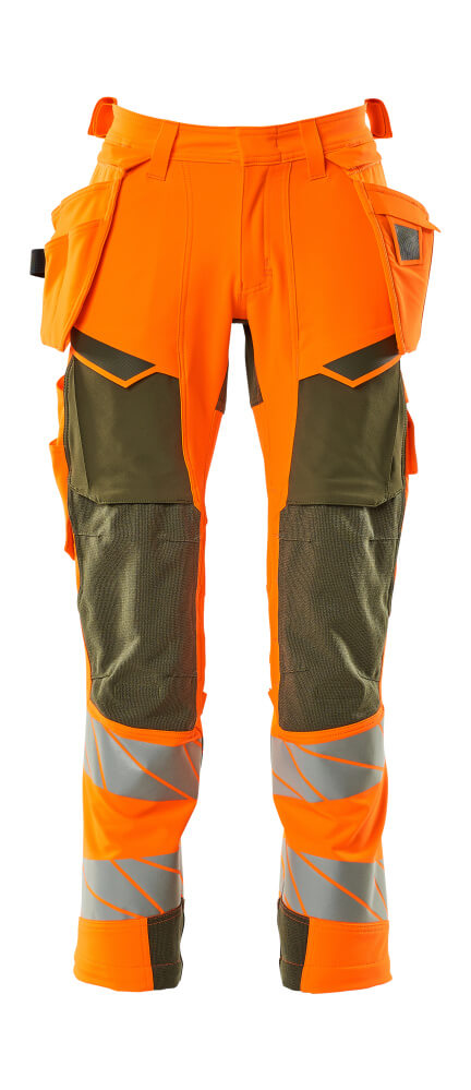 Mascot Accelerate Safe Trousers with Holster Pockets - Hi-Vis Orange/Moss Green #colour_hi-vis-orange-moss-green
