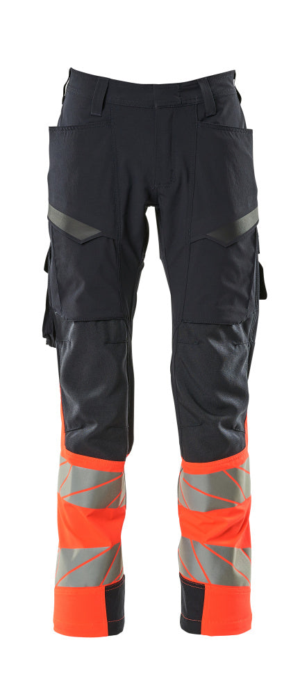 Mascot Accelerate Safe Ultimate Stretch Trousers with Thigh Pockets - Dark Navy/Hi-Vis Red #colour_dark-navy-hi-vis-red