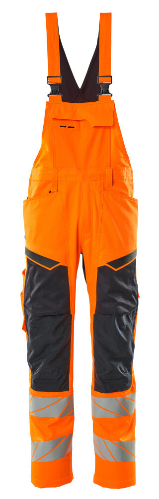 Mascot Accelerate Safe Bib & Brace with Kneepad Pockets - Hi-Vis Orange/Dark Navy #colour_hi-vis-orange-dark-navy