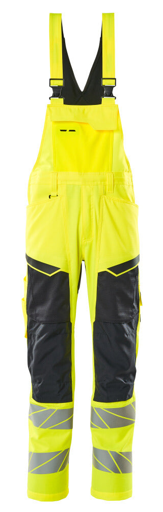 Mascot Accelerate Safe Bib & Brace with Kneepad Pockets - Hi-Vis Yellow/Dark Navy #colour_hi-vis-yellow-dark-navy