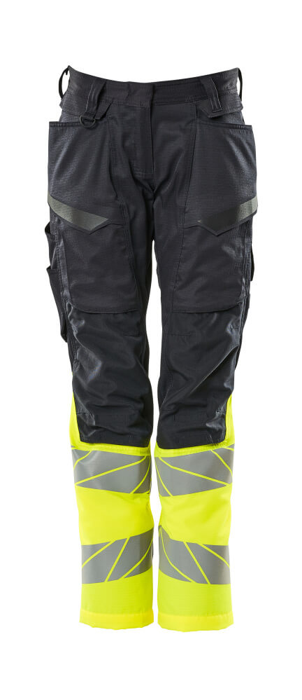 Mascot Accelerate Safe Ladies Diamond Fit Trousers with Kneepad Pockets #colour_navy-hi-vis-yellow