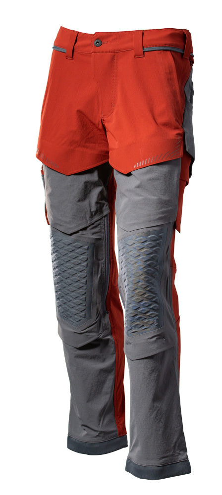 Mascot Customized Stretch Trousers with Kneepad Pockets - Autumn Red /Stone Grey #colour_autumn-red-stone-grey