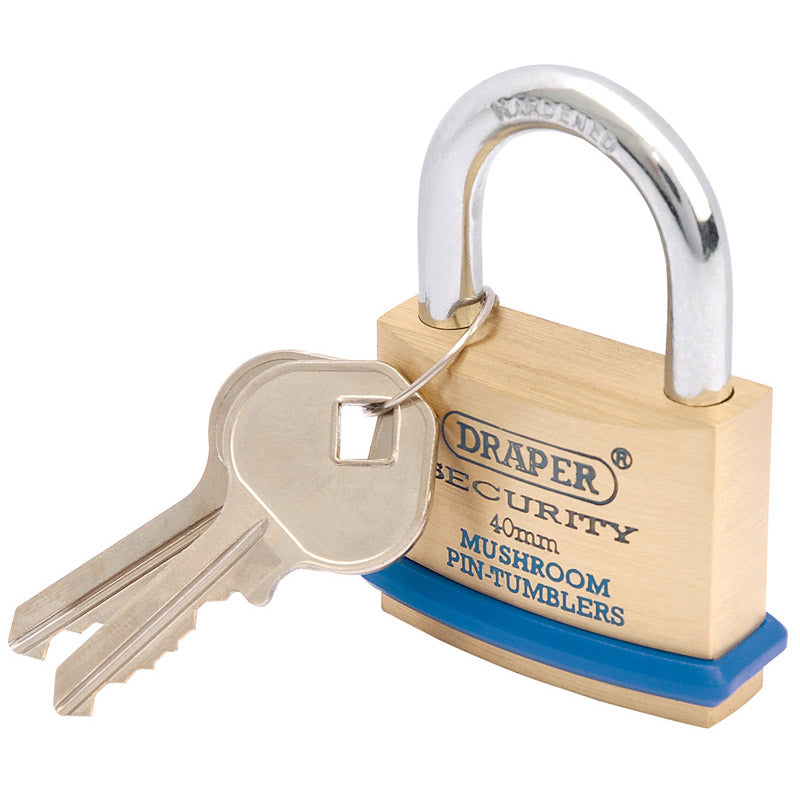 Draper 40mm Solid Brass Padlock and 2 Keys with Mushroom Pin Tumblers Hardened Steel Shackle and Bumper