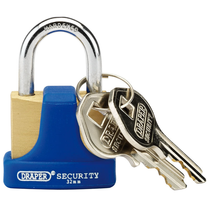 Draper 32mm Solid Brass Padlock and 2 Keys with Hardened Steel Shackle and Bumper