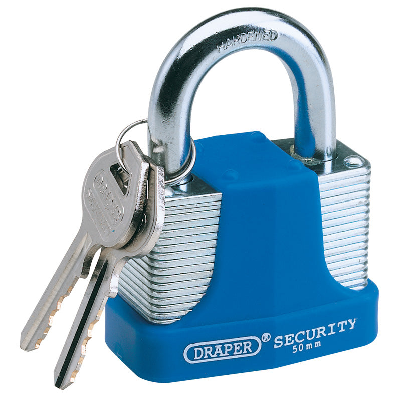 Draper 65mm Laminated Steel Padlock and 2 Keys with Hardened Steel Shackle and Bumper