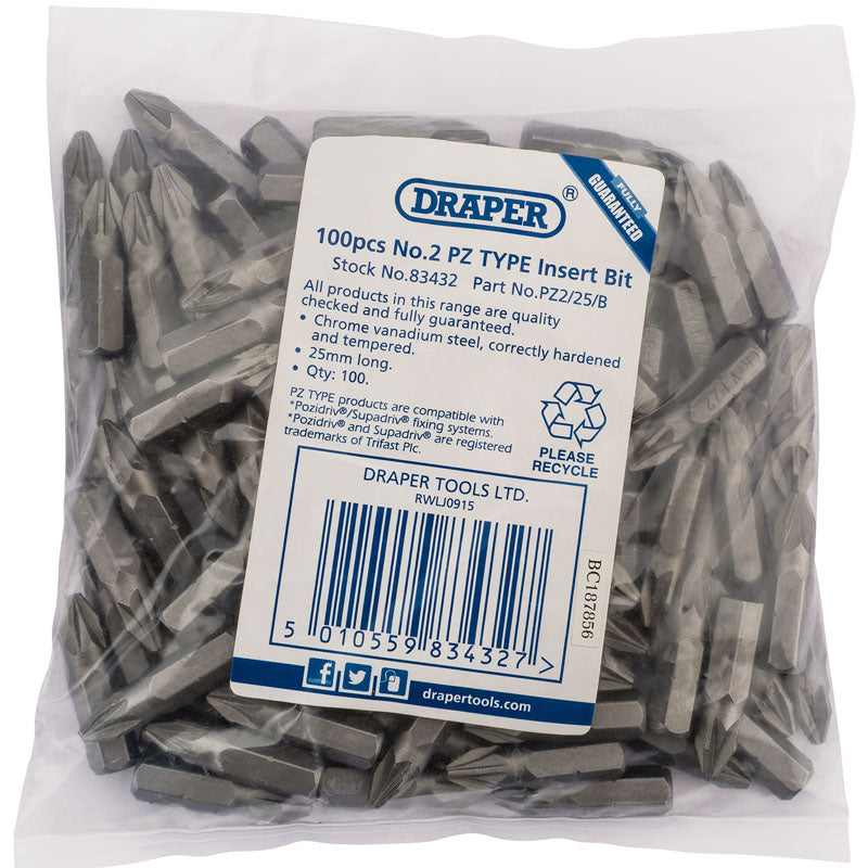 Draper No.2 PZ TYPE 1/4" Insert Bits (Bag of 100)